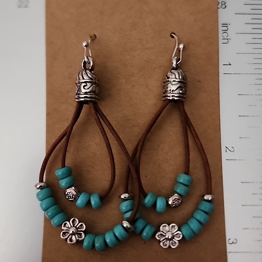 Natural Turquoise Beaded leather Dangle Boho Earrings - Picture 4 of 5